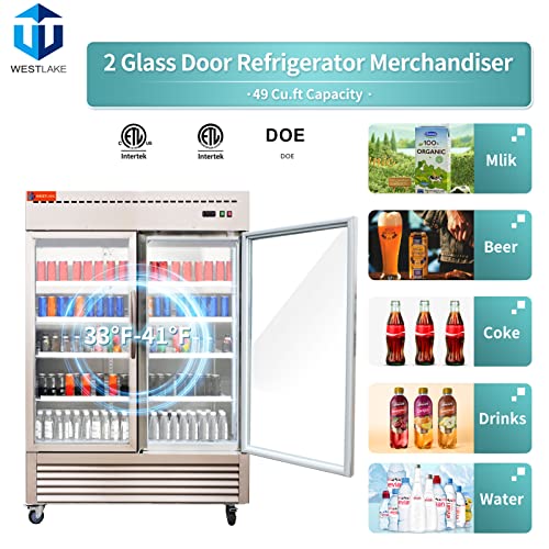 WESTLAKE Commercial Refrigerator Merchandiser 54" 2-Glass Door 49 Cu.ft Stainless Steel | Embraco ETL Display Cooler Reach-In for Restaurant