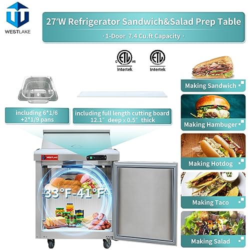 WESTLAKE Commercial Prep Table 27" 1-Door 8-Pan Stainless Steel | Embraco ETL DOE Sandwich Salad Refrigerator