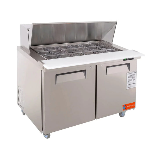WESTLAKE Commercial Mega Top Prep Table 48" 2-Door 18-Pan 12.9 Cu.ft | Embraco ETL Sandwich Salad Refrigerator for Restaurant