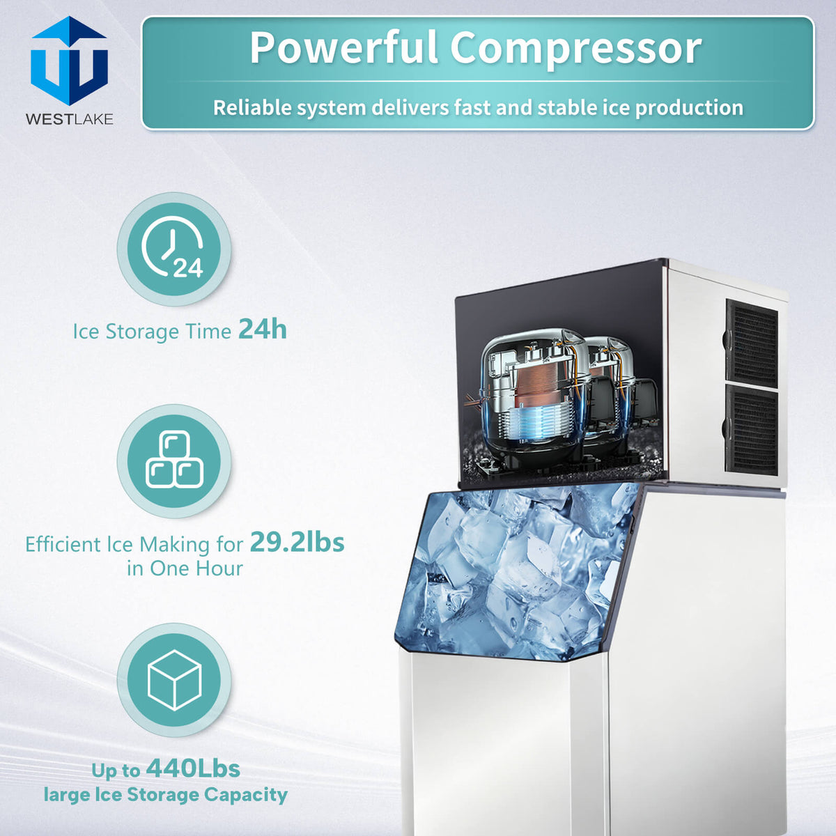 WESTLAKE Commercial Ice Machine 700 lb. Air Cooled Cube Ice Maker with 440 lb. Bin | SK-729 ETL Certified for Restaurant