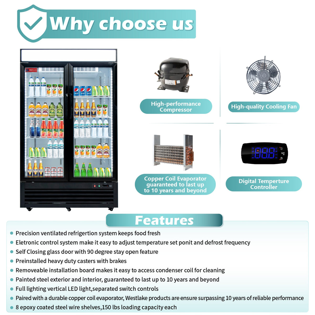WESTLAKE Commercial Refrigerator Merchandiser 48" 2-Glass Door 36 Cu.ft Stainless Steel | Cubigel Display Cooler Reach-In for Restaurant