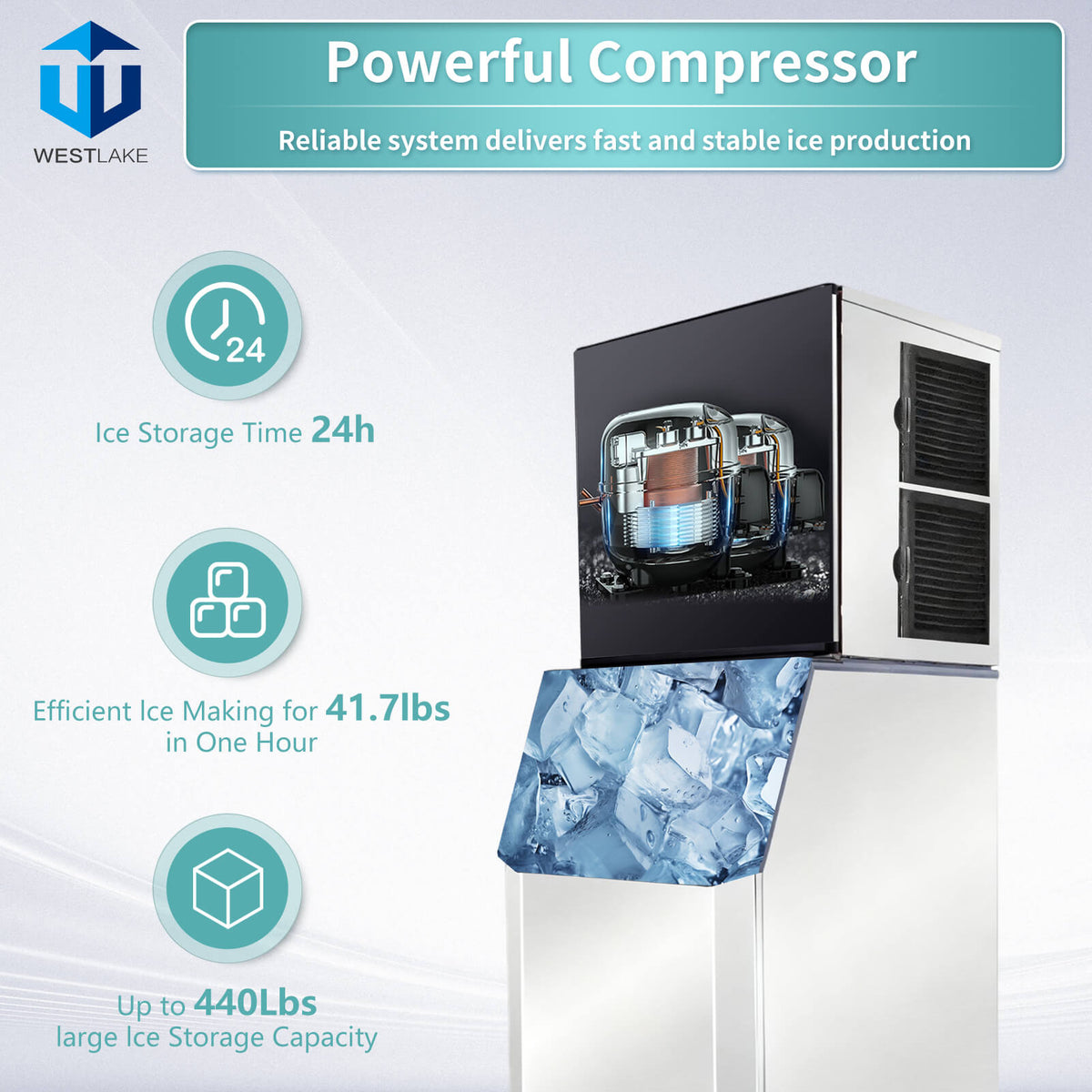 WESTLAKE Commercial Ice Maker Machine 1000 lb/Day with 440 lb Bin | Air Cooled Cube Ice Machine for Restaurant