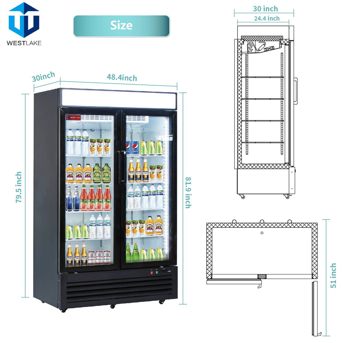 WESTLAKE Commercial Refrigerator Merchandiser 48" 2-Glass Door 36 Cu.ft Stainless Steel | Cubigel Display Cooler Reach-In for Restaurant