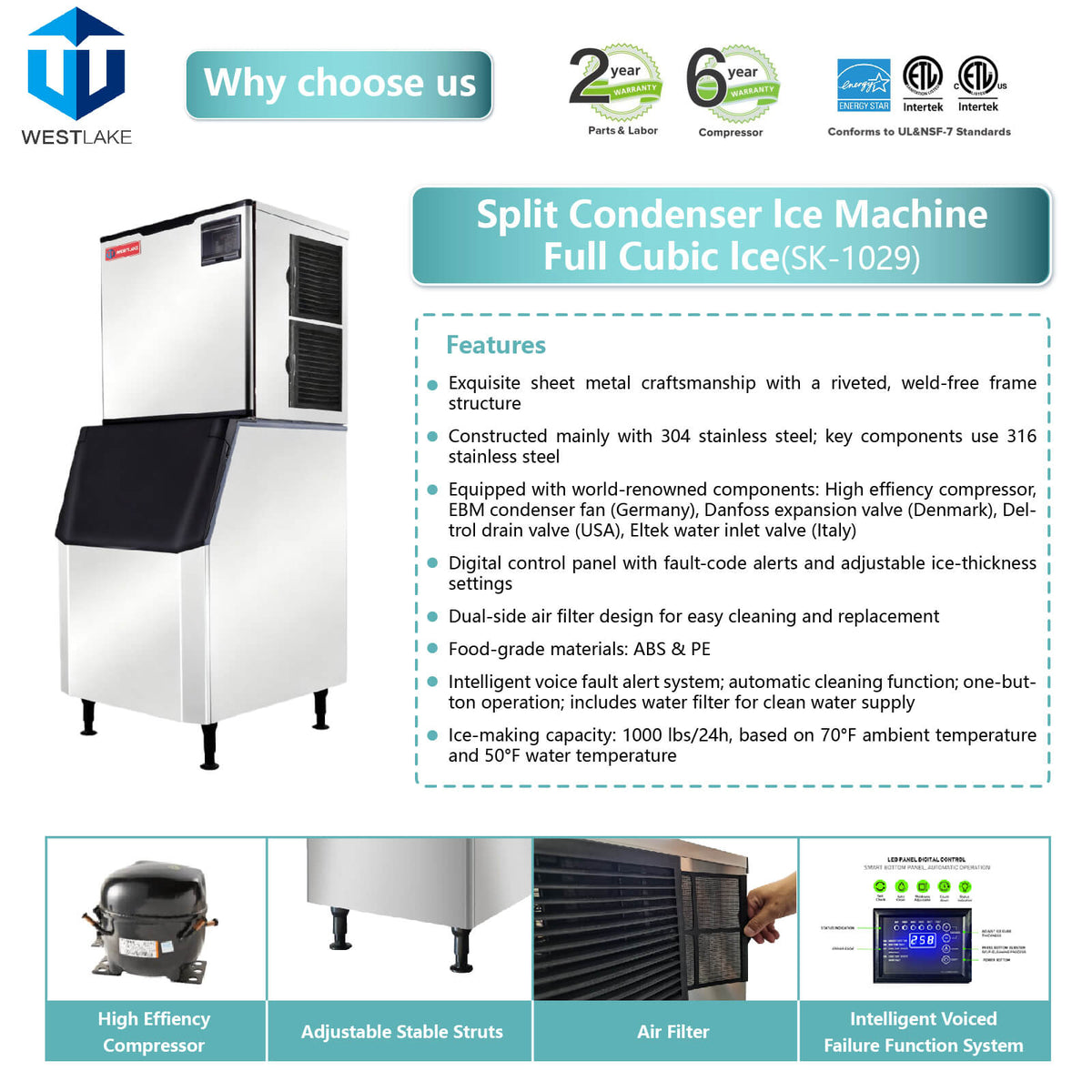 WESTLAKE Commercial Ice Maker Machine 1000 lb/Day with 440 lb Bin | Air Cooled Cube Ice Machine for Restaurant