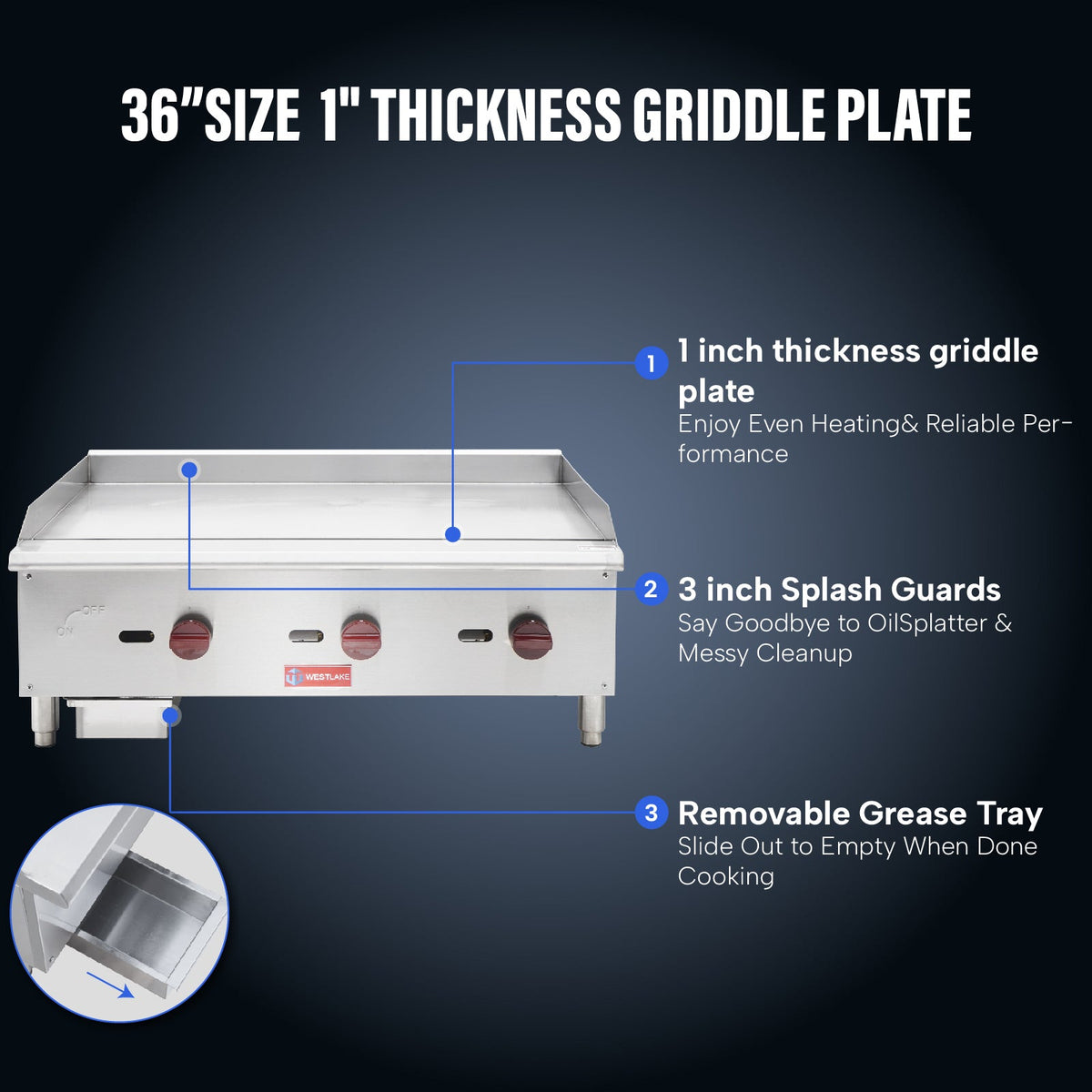 WESTLAKE Commercial Gas Griddle 36" 3-Burner 90,000 BTU Stainless Steel | Countertop Plate Grill for Restaurant