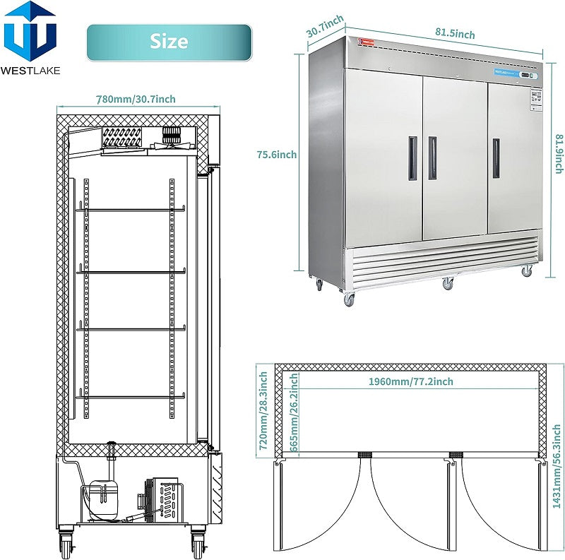 WESTLAKE Commercial Refrigerator 82" 3-Door 72 Cu.ft Stainless Steel | R290 Embraco ETL DOE Reach-In for Restaurant