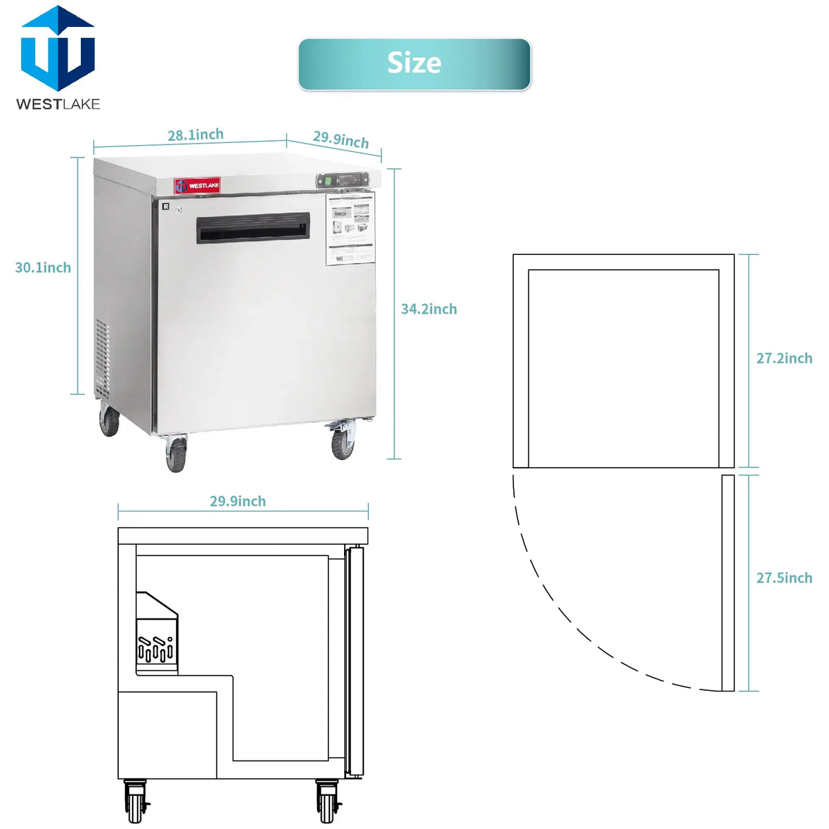WESTLAKE Commercial Undercounter Refrigerator 28" 1-Door 6.3 Cu.ft Stainless Steel | R290 Worktop Lowboy Cooler for Restaurant