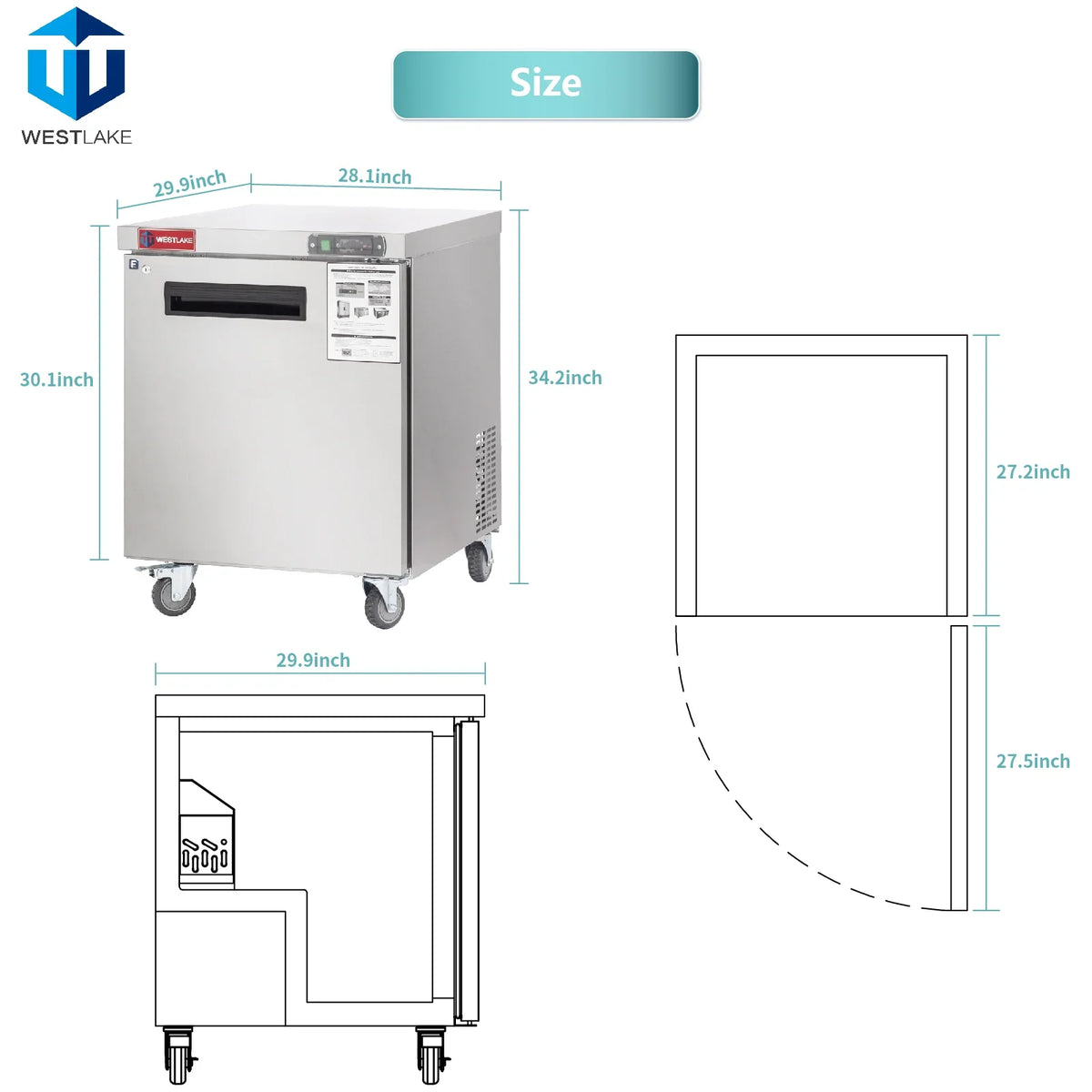 WESTLAKE Commercial Undercounter Freezer 28" 1-Door 6.3 Cu.ft Stainless Steel | R290 ETL DOE Worktop Lowboy for Restaurant