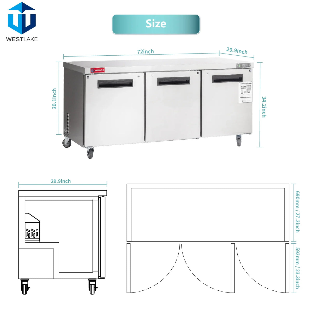 WESTLAKE Commercial Undercounter Refrigerator 72" 3-Door 17.7 Cu.ft Stainless Steel | R290 Worktop Lowboy Cooler for Restaurant