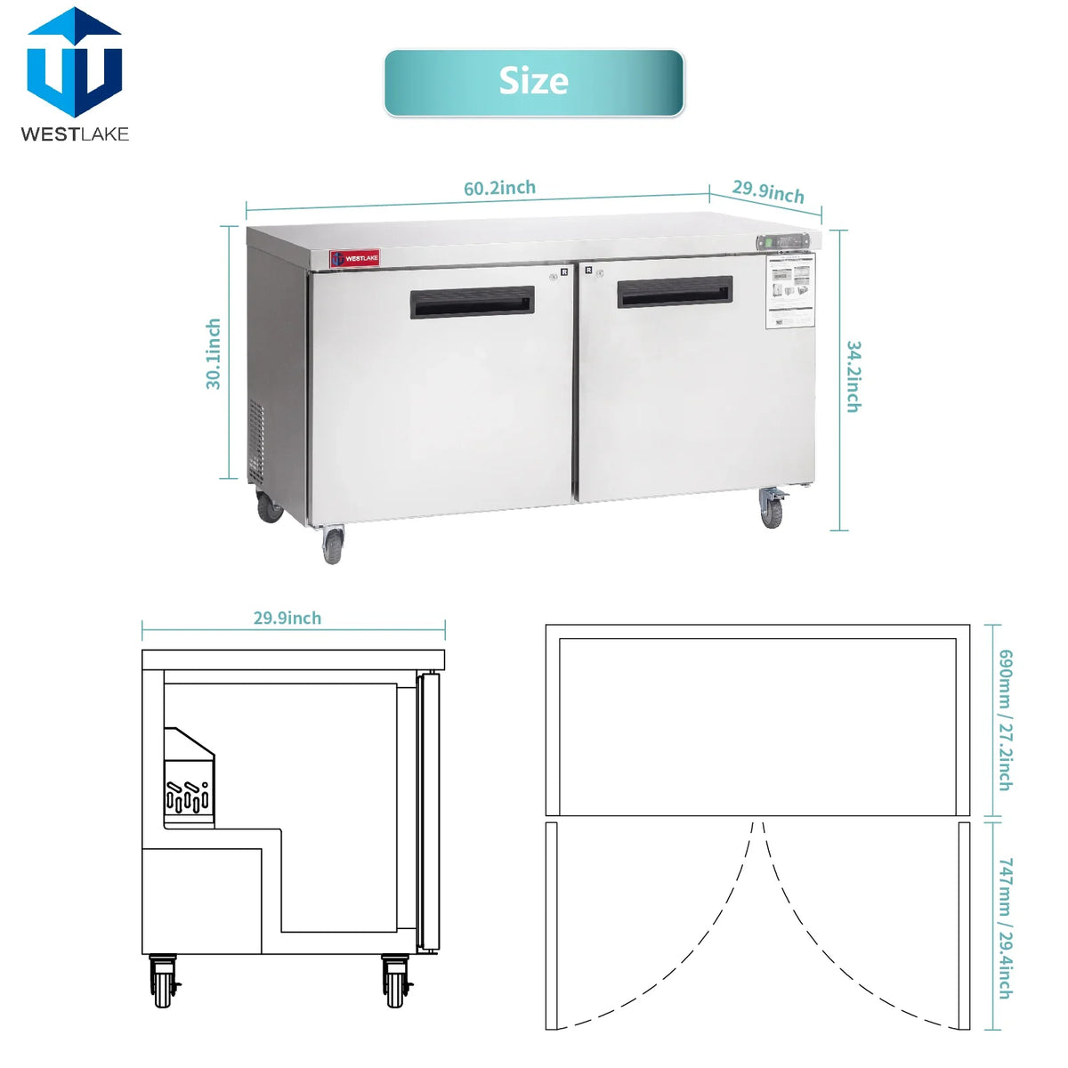 WESTLAKE Commercial Undercounter Refrigerator 60" 2-Door 14.8 Cu.ft Stainless Steel | R290 Worktop Lowboy Cooler for Restaurant
