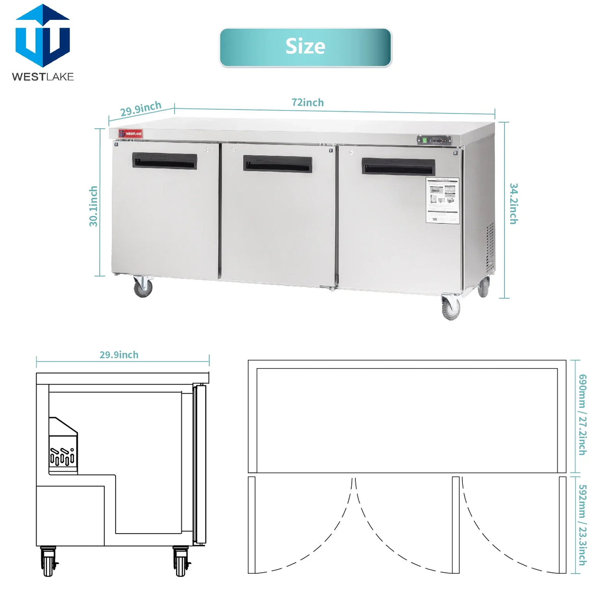 WESTLAKE Commercial Undercounter Freezer 72" 3-Door 17.7 Cu.ft Stainless Steel | R290 ETL DOE Worktop Lowboy for Restaurant