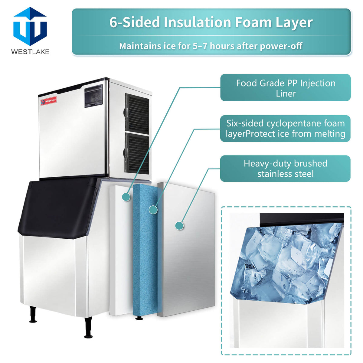 WESTLAKE Commercial Ice Maker Machine 1000 lb/Day with 440 lb Bin | Air Cooled Cube Ice Machine for Restaurant
