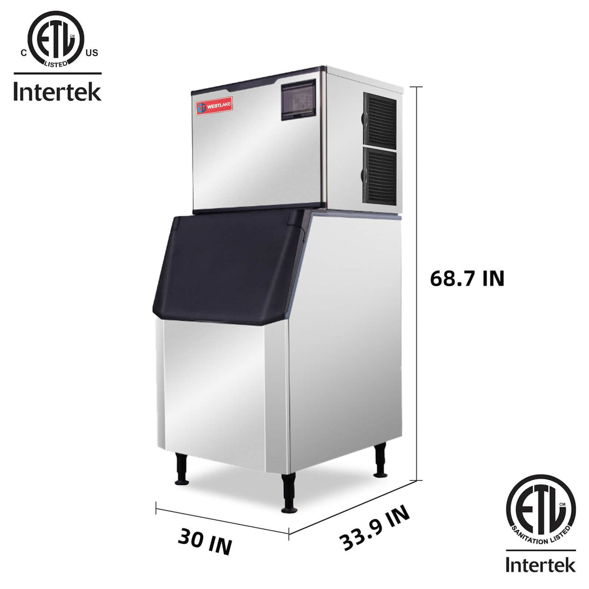 WESTLAKE Commercial Ice Machine 700 lb. Air Cooled Cube Ice Maker with 440 lb. Bin | SK-729 ETL Certified for Restaurant
