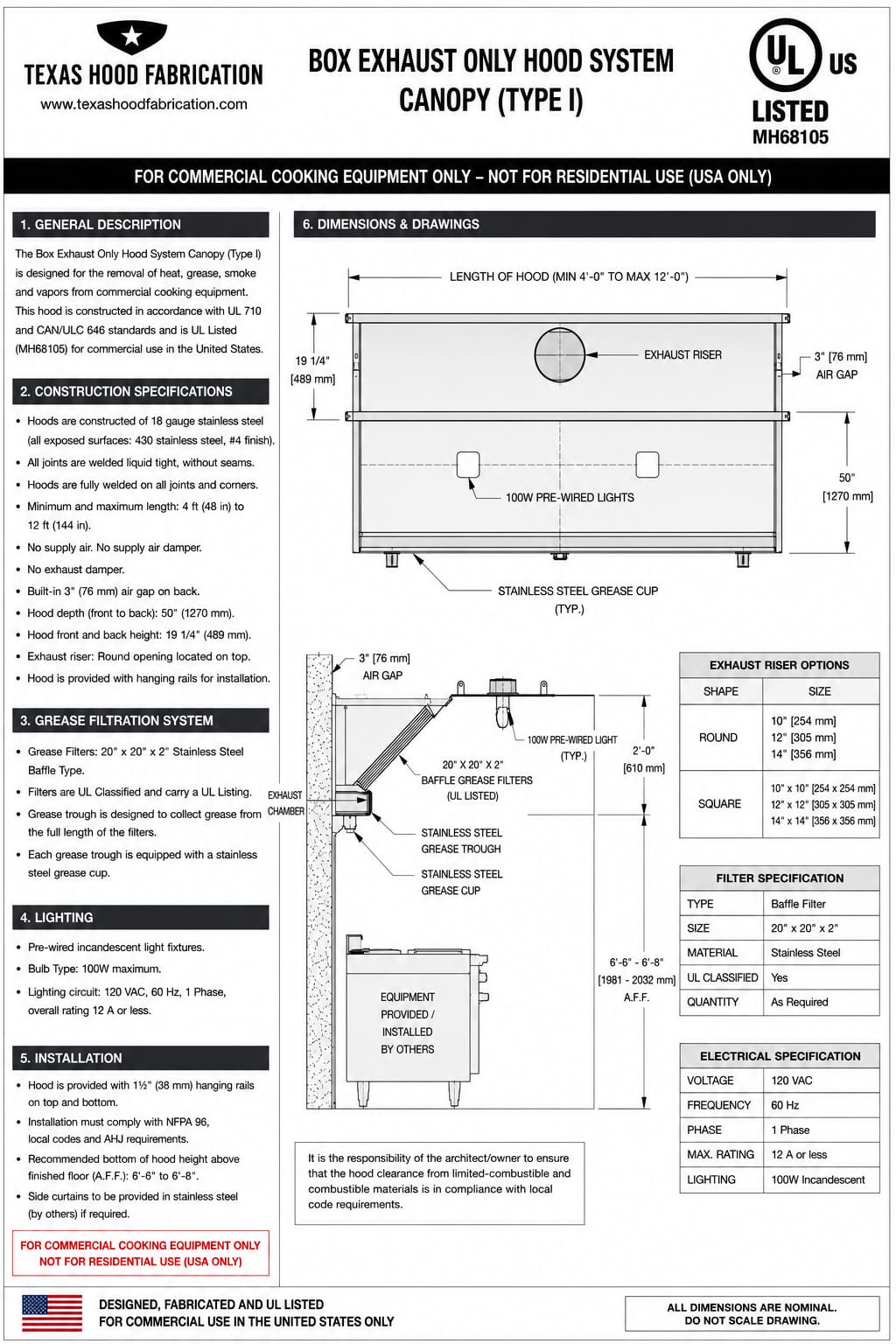 4 FT Texas Hood Fabrication exhaust hood specification sheet