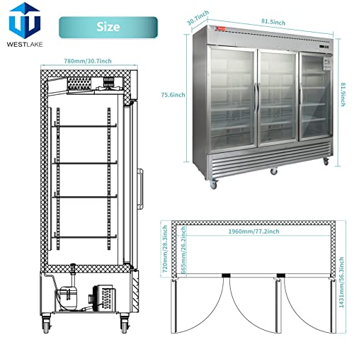 WESTLAKE Commercial Refrigerator Merchandiser 82" 3-Glass Door 72 Cu.ft Stainless Steel | Embraco ETL Display Cooler Reach-In for Restaurant