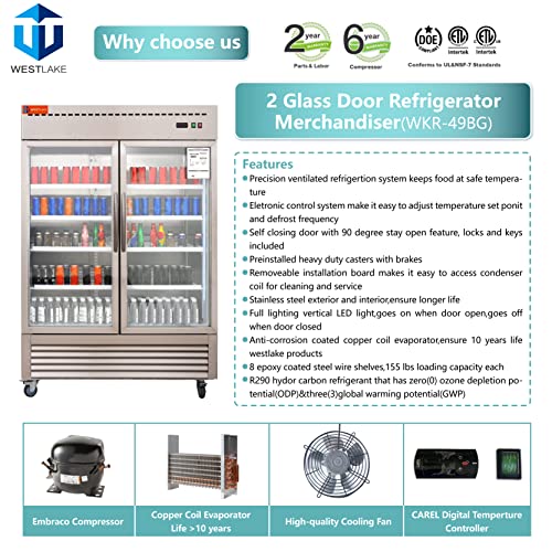 WESTLAKE Commercial Refrigerator Merchandiser 54" 2-Glass Door 49 Cu.ft Stainless Steel | Embraco ETL Display Cooler Reach-In for Restaurant