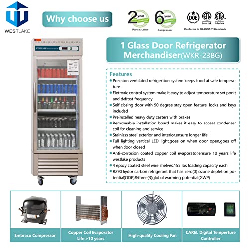 WESTLAKE Commercial Refrigerator Merchandiser 27" 1-Glass Door 23 Cu.ft Stainless Steel | Embraco ETL Display Cooler Reach-In for Restaurant