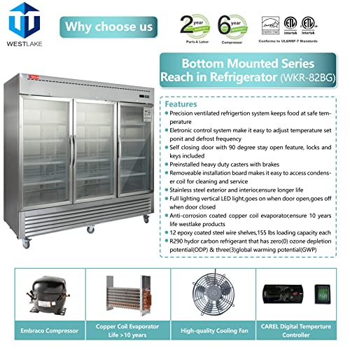 WESTLAKE Commercial Refrigerator Merchandiser 82" 3-Glass Door 72 Cu.ft Stainless Steel | Embraco ETL Display Cooler Reach-In for Restaurant