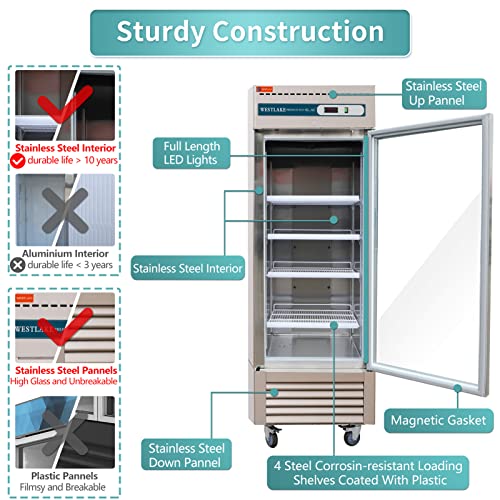 WESTLAKE Commercial Refrigerator Merchandiser 27" 1-Glass Door 23 Cu.ft Stainless Steel | Embraco ETL Display Cooler Reach-In for Restaurant