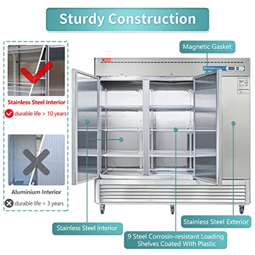 WESTLAKE Commercial Freezer 82" 3-Door 72 Cu.ft Stainless Steel | Embraco Energy Star ETL DOE Reach-In for Restaurant