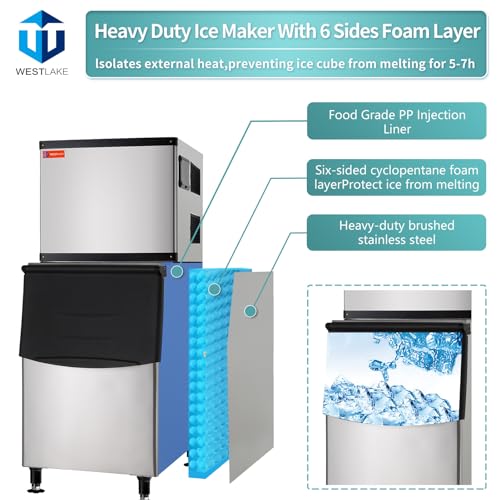 WESTLAKE Commercial Ice Maker Machine 500 lb/Day with 375 lb Bin | Air Cooled Full Cube Ice Machine for Restaurant