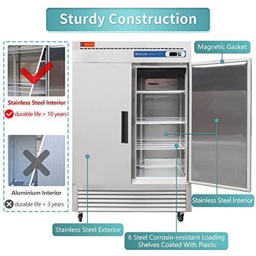 WESTLAKE Commercial Refrigerator 54" 2-Door 49 Cu.ft Stainless Steel | R290 Embraco ETL DOE Reach-In for Restaurant