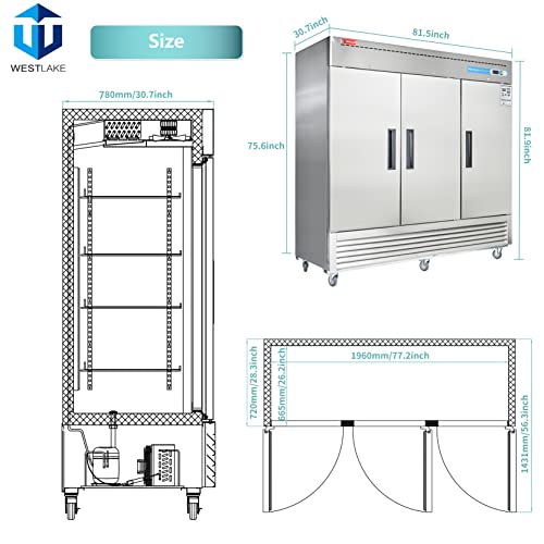 WESTLAKE Commercial Freezer 82" 3-Door 72 Cu.ft Stainless Steel | Embraco Energy Star ETL DOE Reach-In for Restaurant
