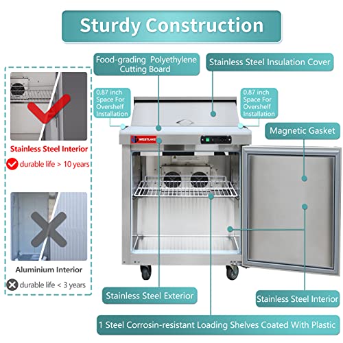 WESTLAKE Commercial Prep Table 27" 1-Door 8-Pan Stainless Steel | Copper Evaporator ETL Sandwich Salad Refrigerator