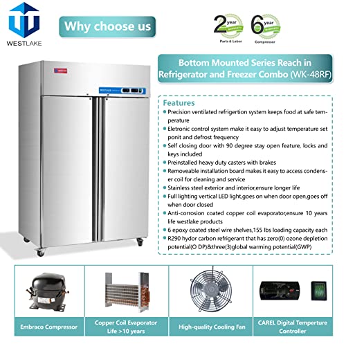 WESTLAKE Commercial Refrigerator Freezer Combo 48" 36 Cu.ft Stainless Steel | R290 Copper Evaporator NSF Reach-In for Restaurant