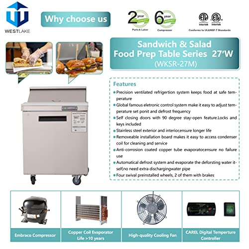 WESTLAKE Commercial Prep Table 27" 1-Door 8-Pan Stainless Steel | Embraco ETL DOE Sandwich Salad Refrigerator
