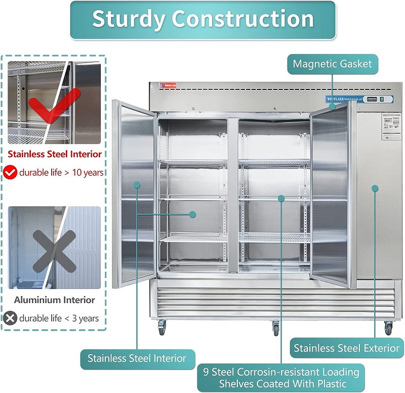 WESTLAKE Commercial Refrigerator 82" 3-Door 72 Cu.ft Stainless Steel | R290 Embraco ETL DOE Reach-In for Restaurant