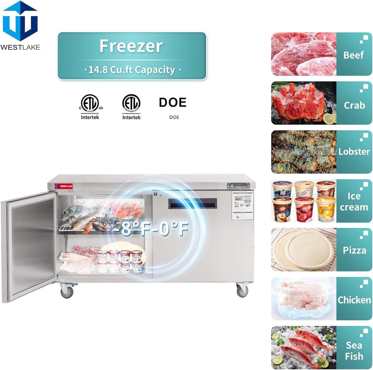 Commercial Undercounter Freezer, WESTLAKE 60" Double Door Stainless Steel Lowboy Worktop Freezer 14.8 Cu.ft
