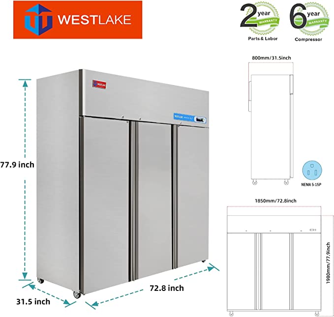WESTLAKE Commercial Refrigerator 72" 3-Door 54 Cu.ft Stainless Steel | Cubigel ETL DOE Energy Reach-In for Restaurant