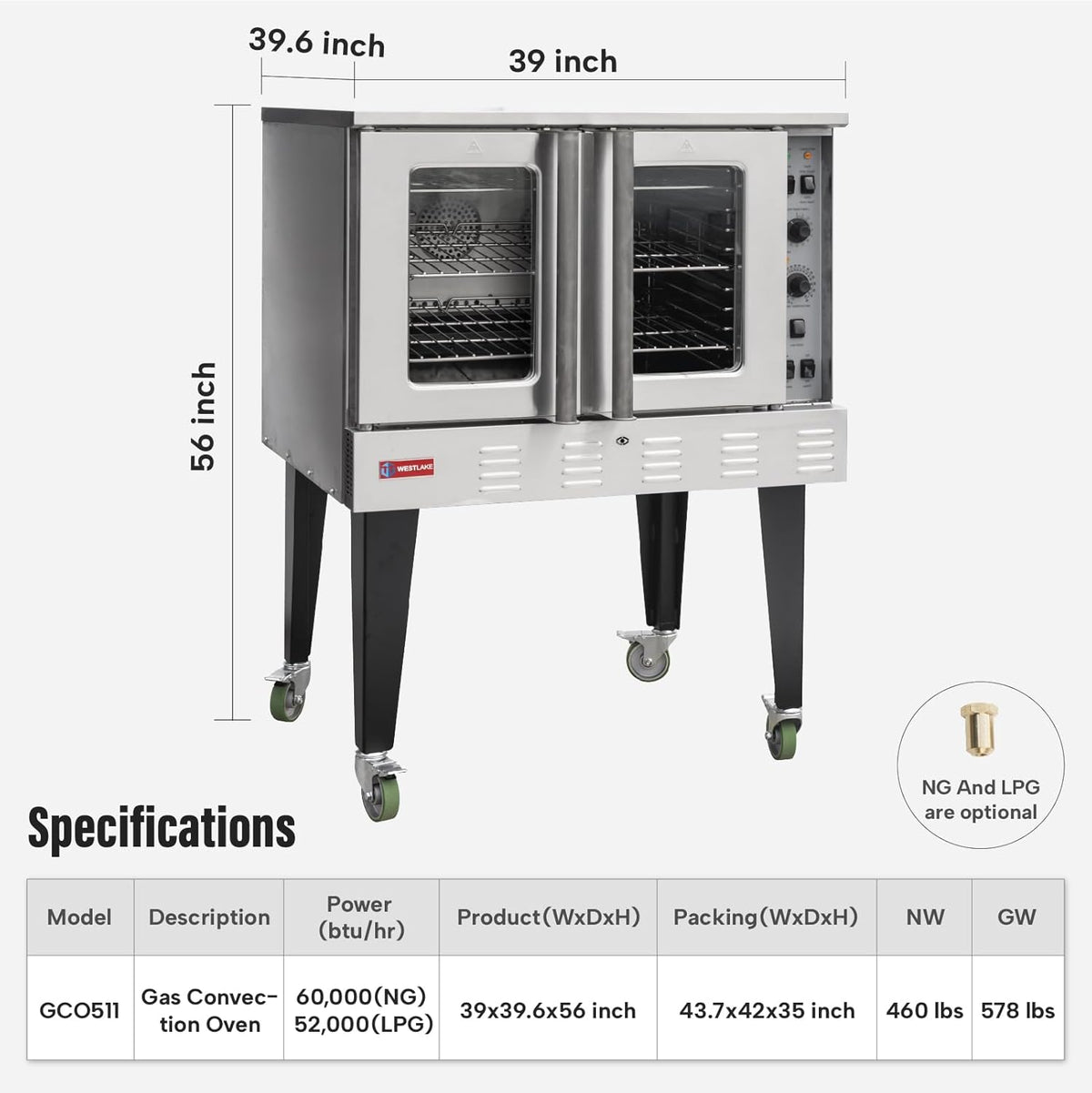 WESTLAKE Commercial Gas Convection Oven 39" Single Deck Full Size 60, 000 BTU Stainless Steel | ETL Certified for Restaurant