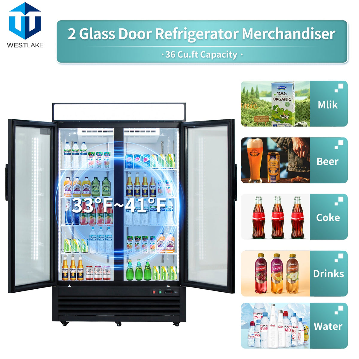 WESTLAKE Commercial Refrigerator Merchandiser 48" 2-Glass Door 36 Cu.ft Stainless Steel | Cubigel ETL DOE Copper Evaporator Reach-In for Restaurant