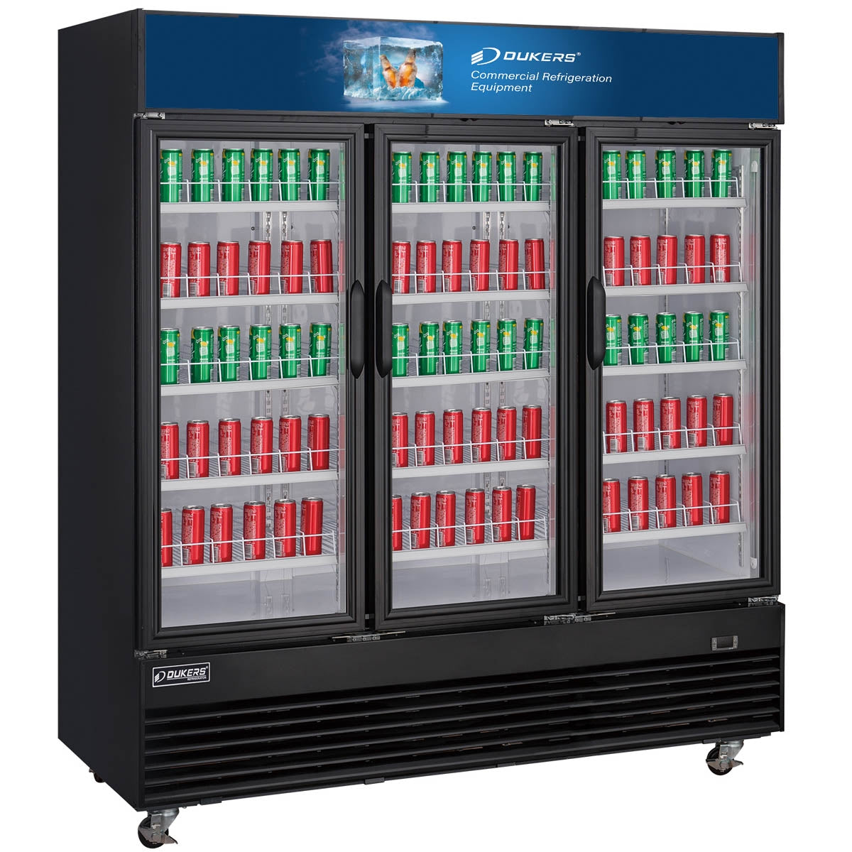 Dukers Appliance Co DSM-69R 78" Three Section Swing Glass Door Merchandiser Refrigerator in Black, 69.43 cu. ft.