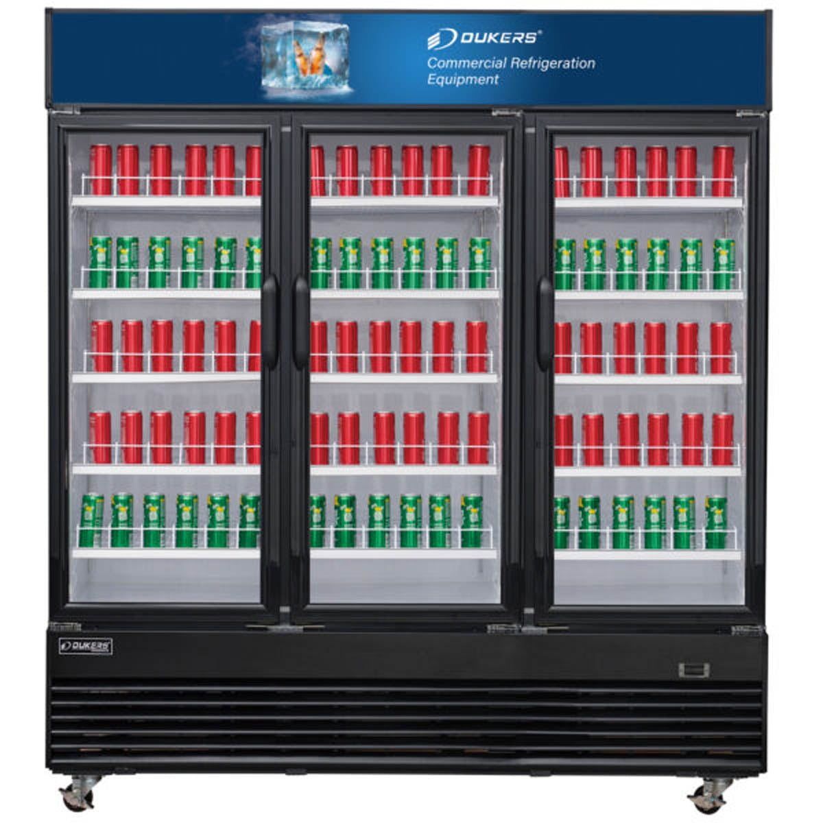 Dukers Appliance Co DSM-69R 78" Three Section Swing Glass Door Merchandiser Refrigerator in Black, 69.43 cu. ft.