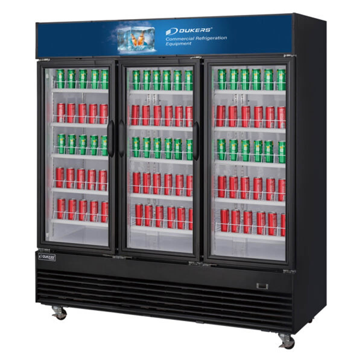 Dukers Appliance Co DSM-69R 78" Three Section Swing Glass Door Merchandiser Refrigerator in Black, 69.43 cu. ft.