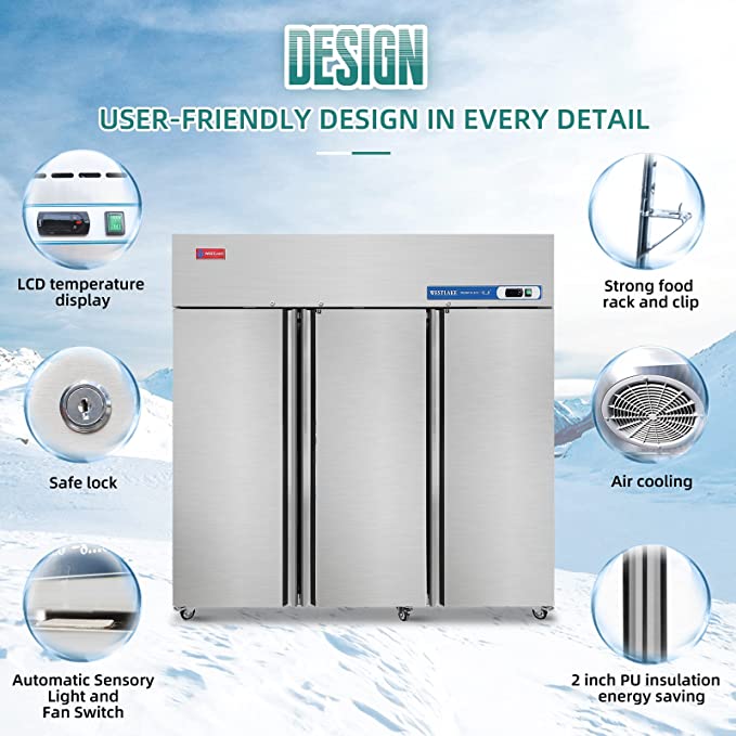 WESTLAKE Commercial Refrigerator 72" 3-Door 54 Cu.ft Stainless Steel | Cubigel ETL DOE Energy Reach-In for Restaurant