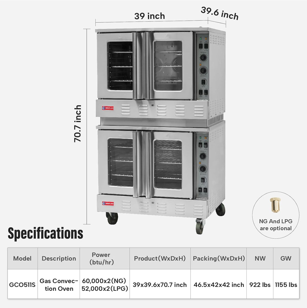WESTLAKE Commercial Gas Convection Oven 39" Double Deck Full Size 120,000 BTU Stainless Steel | ETL Certified for Restaurant