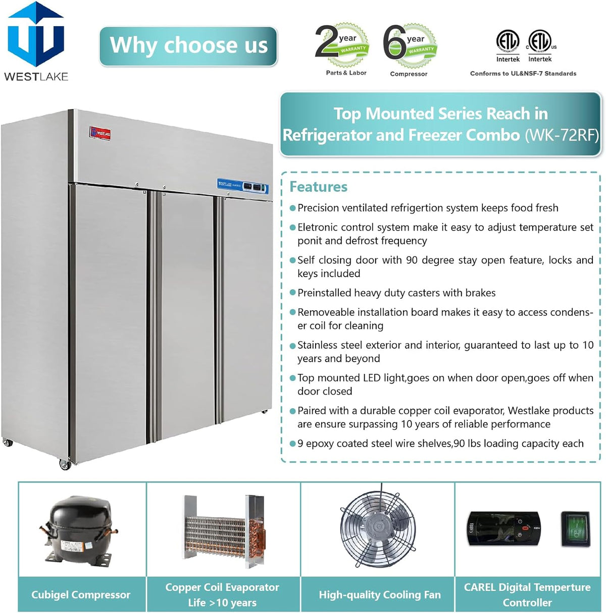 WESTLAKE Commercial Refrigerator Freezer Combo 72" 54 Cu.ft Stainless Steel | Dual Cubigel Compressor Reach-In for Restaurant