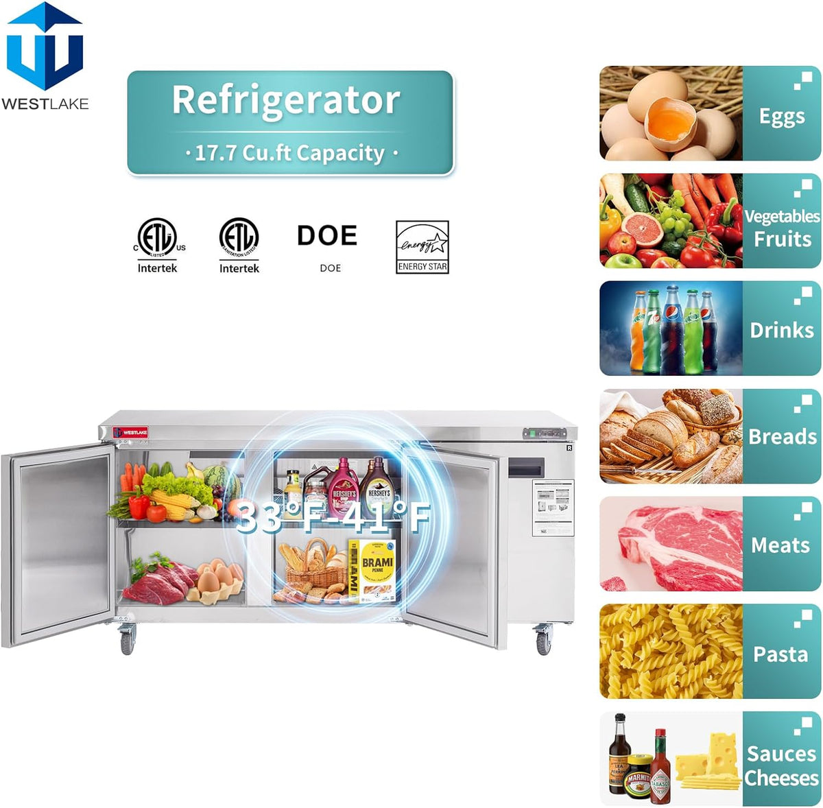 WESTLAKE Commercial Undercounter Refrigerator 72" 3-Door 17.7 Cu.ft Stainless Steel | R290 Worktop Lowboy Cooler for Restaurant