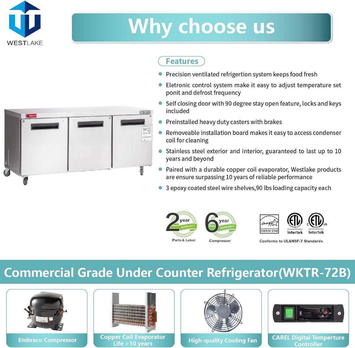 WESTLAKE Commercial Undercounter Refrigerator 72" 3-Door 17.7 Cu.ft Stainless Steel | R290 Worktop Lowboy Cooler for Restaurant