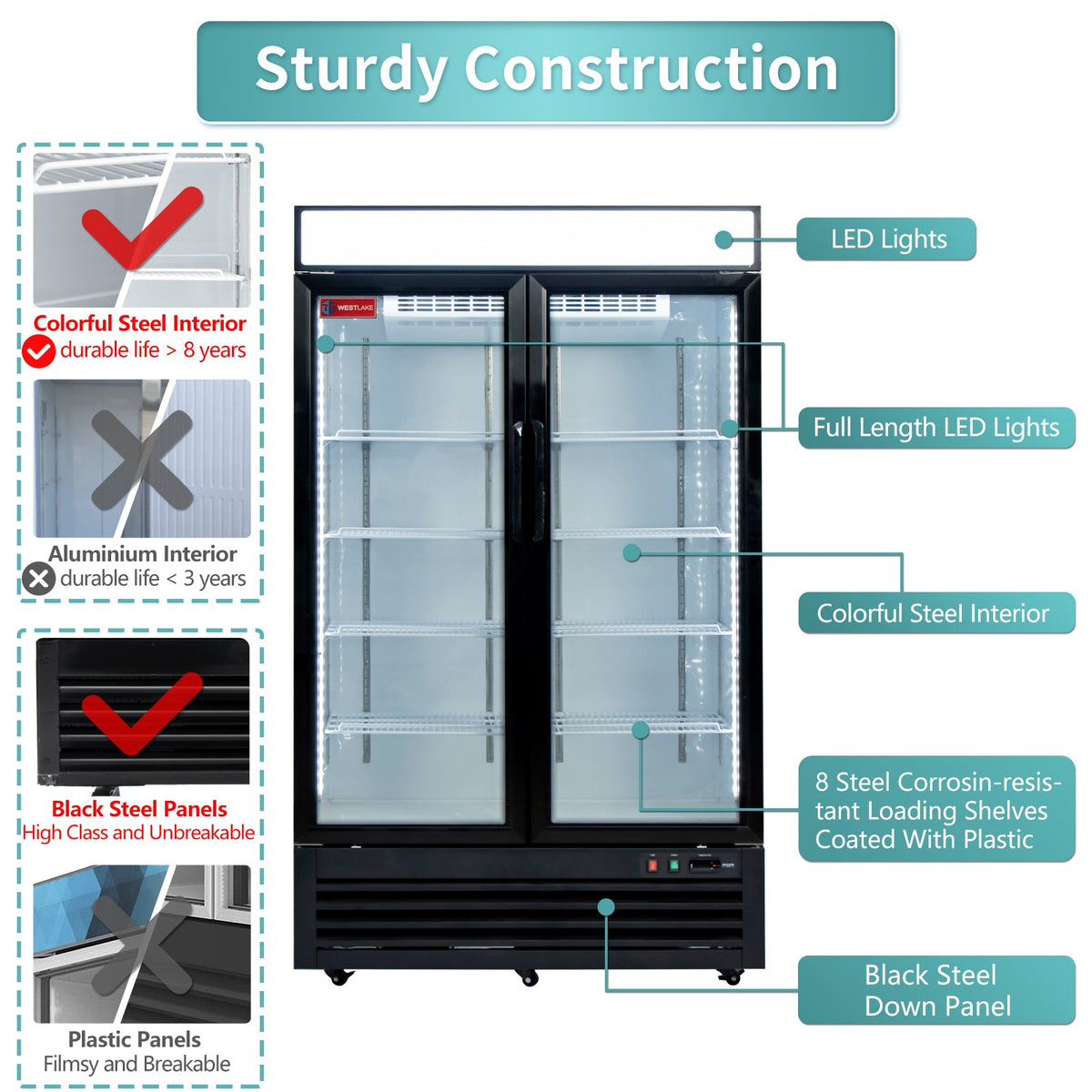 WESTLAKE Commercial Refrigerator Merchandiser 48" 2-Glass Door 36 Cu.ft Stainless Steel | Cubigel ETL DOE Copper Evaporator Reach-In for Restaurant