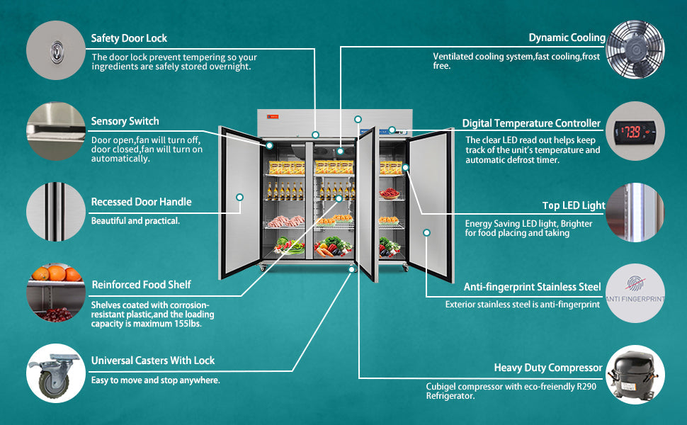 WESTLAKE Commercial Refrigerator 72" 3-Door 54 Cu.ft Stainless Steel | Cubigel ETL DOE Energy Reach-In for Restaurant