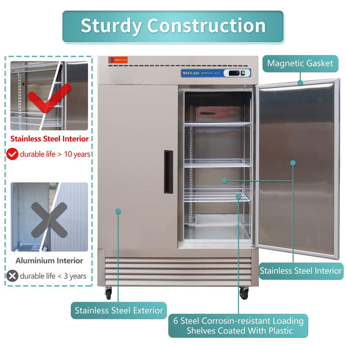 WESTLAKE Commercial Refrigerator 54" 2-Door 49 Cu.ft Stainless Steel | Embraco ETL NSF DOE Triple Certified Reach-In for Restaurant