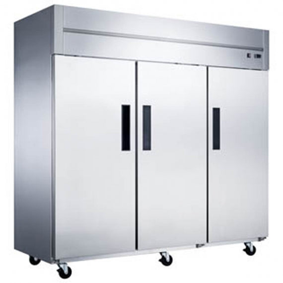Dukers Appliance Co D83R 82" Three Section Reach-In Refrigerator w/ 3 Solid Doors, Bottom Mount, Stainless Steel, 65 cu. ft.