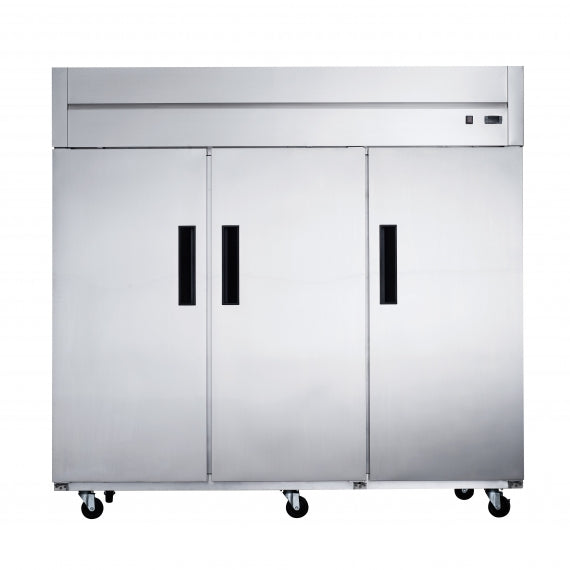 Dukers Appliance Co D83R 82" Three Section Reach-In Refrigerator w/ 3 Solid Doors, Bottom Mount, Stainless Steel, 65 cu. ft.
