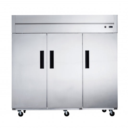 Dukers Appliance Co D83R 82" Three Section Reach-In Refrigerator w/ 3 Solid Doors, Bottom Mount, Stainless Steel, 65 cu. ft.