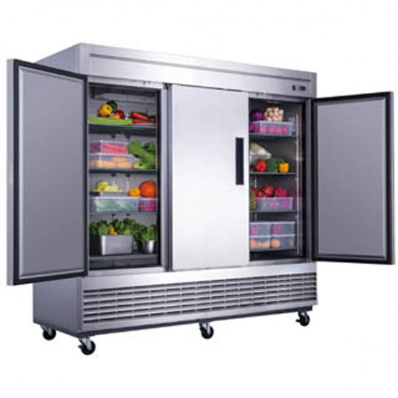 Dukers Appliance Co D83R 82" Three Section Reach-In Refrigerator w/ 3 Solid Doors, Bottom Mount, Stainless Steel, 65 cu. ft.